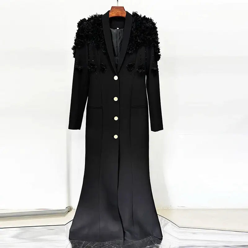 HIGH QUALITY Newest Fashion 2025 Designer Maxi Dresses Women's Long Sleeve Stunning Flowers Appliques Beaded Long Dress - Lootquake