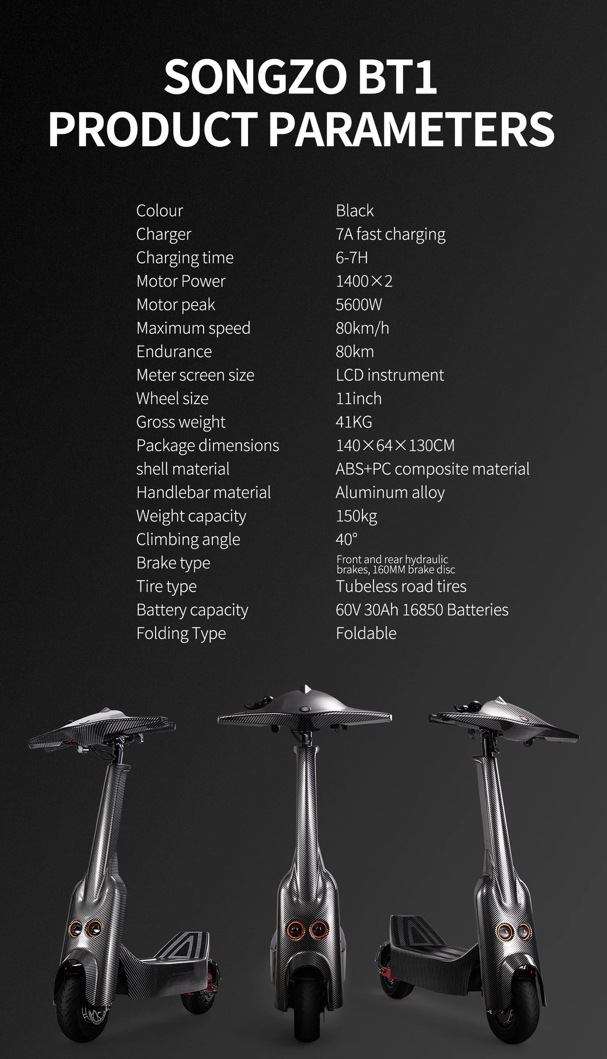 Patinete eléctrico SONGZO BT1 con motor potente de 5600 W, batería de 60 V, 30 Ah, 16850 celdas, plegable, sin cámara, silencioso, para carretera