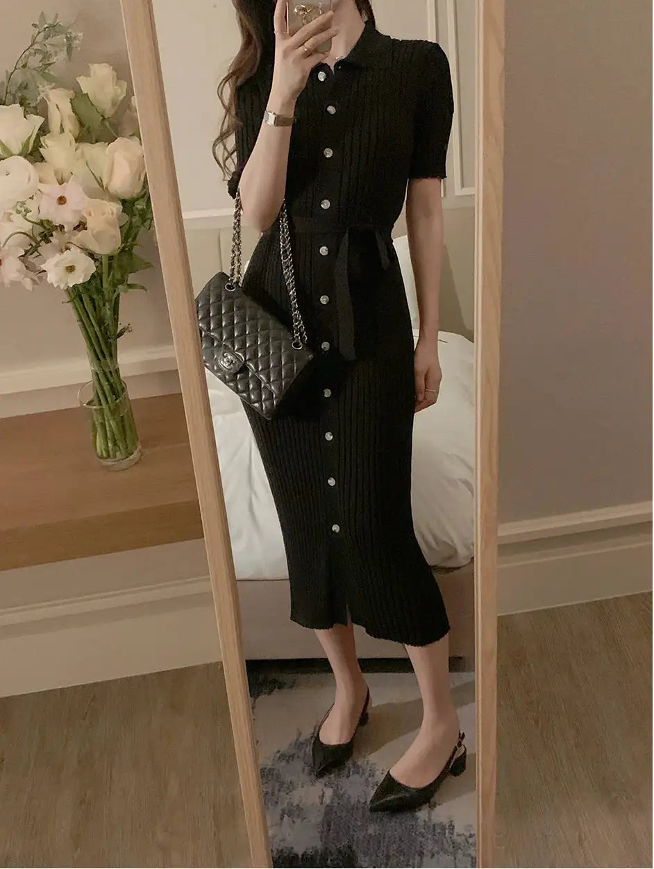 Elegant Summer Sweet Sle Turn-down Collar Single-button Thin Ice Silk Short-sleeve Knitted Long Dress Women's Fashion - Lootquake