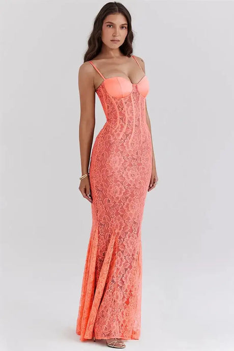 Mozision Floral Lace Sexy Maxi Dress For Women Orange Spaghetti Strap Sleeveless Backless Bodycon Club Party Long Dress Elegant - Lootquake