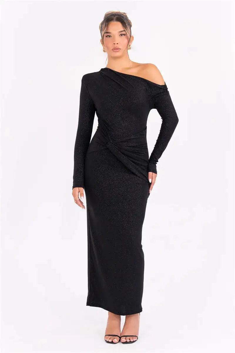 Vestido largo sexy de manga larga con brillos de Mozision para mujer, con hombros descubiertos, espalda descubierta, fruncido, para fiesta en club
