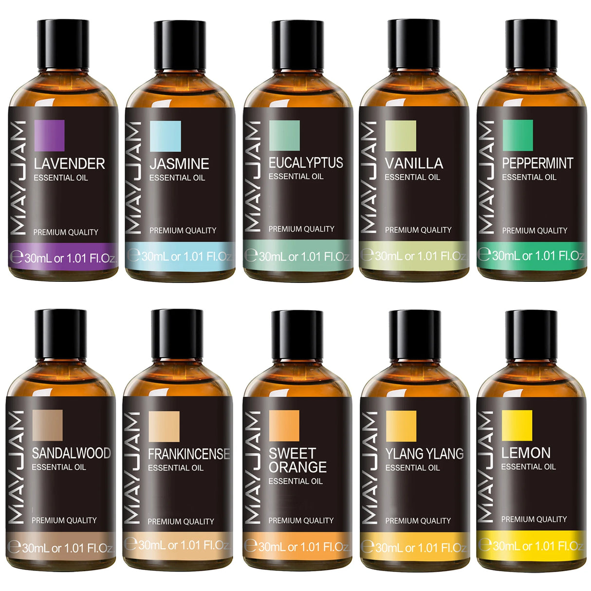 MAYJAM 1PCS 30ML Huile Essentielle d'Aromathérapie Lavande Vanille Jasmin Eucalyptus Menthe Poivrée Huile Aromatique pour Diffuseur Bougie Savon