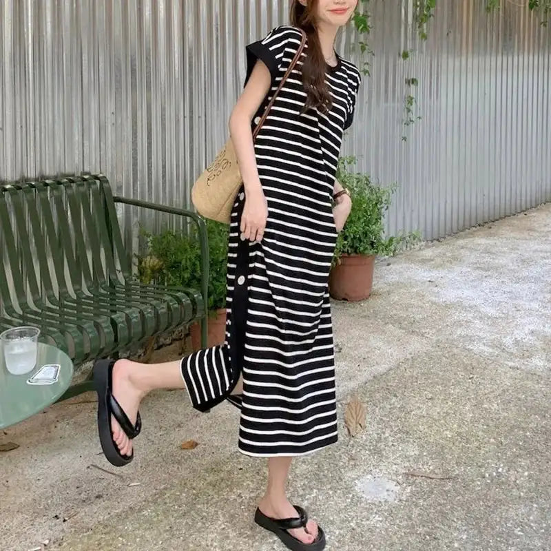 2024 New Casual Korean Striped O-neck Short Sleeve Long Dress Ladies Simplicity Patchwork Loose Tshirt Dress Women Clothing - Lootquake