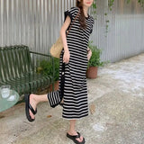 2024 New Casual Korean Striped O-neck Short Sleeve Long Dress Ladies Simplicity Patchwork Loose Tshirt Dress Women Clothing - Lootquake