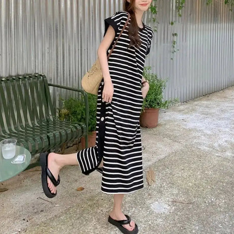 2024 New Casual Korean Striped O-neck Short Sleeve Long Dress Ladies Simplicity Patchwork Loose Tshirt Dress Women Clothing - Lootquake