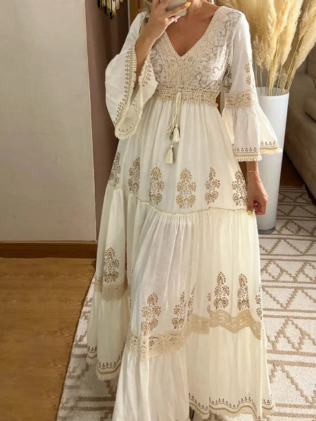 Women Fall Casual Long Dress Floral Print Lace V-Neck Long Sleeve Dress Fashion Holiday Maxi Dress Elegant Classics Versatility - Lootquake