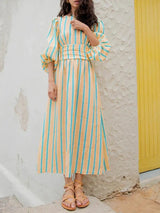 Hirigin Womens Summer Puff Sleeve Long Dress Boho Backless Tie Waist Maxi Dress Bohemian Midi Dress Gauze High Waist Dresses - Lootquake