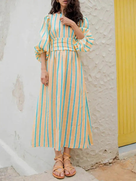 Hirigin Womens Summer Puff Sleeve Long Dress Boho Backless Tie Waist Maxi Dress Bohemian Midi Dress Gauze High Waist Dresses - Lootquake