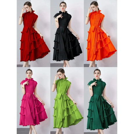 Miyake Pleated Shoulder Bag Heavy Industry Wood Ear Edge Pleated Lace-up Belt Long Dress Stand Collar Plus Size Women's Clothing - Lootquake