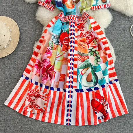 Polo Neck Printed Vintage Long Dress Short Sleeve Big Hem Slim Long Dress Vestidos Casual Fashion Women Elegant Robe - Lootquake