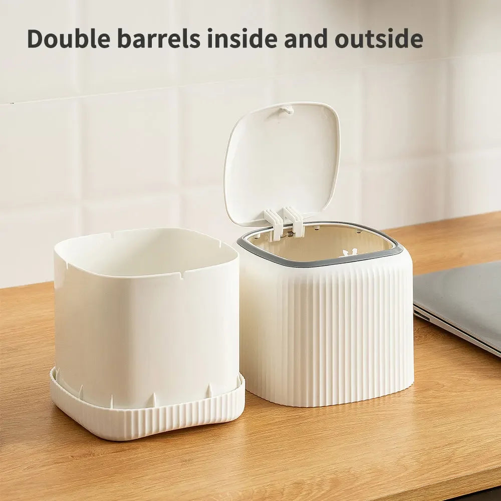 Cubo de basura de escritorio con tapa interior/exterior, doble barril, organizador de basura, caja de almacenamiento de escritorio de oficina para dormitorio, plástico duradero