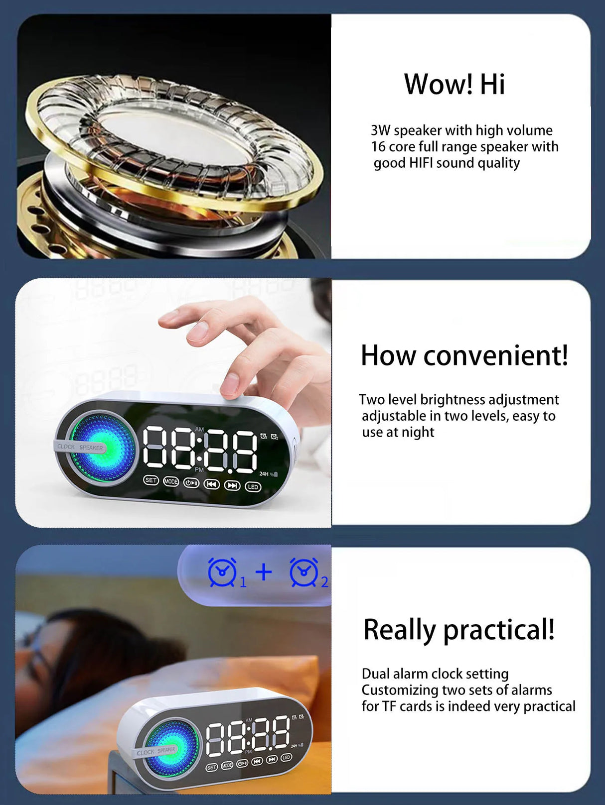 Altavoz Bluetooth inalámbrico, diseño mini con múltiples funciones como reloj, versión exterior, subwoofer potente.