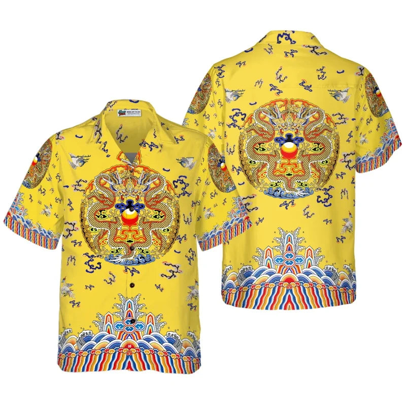 All Over Print Flame Dragon Pattern Hawaiian Shirts For Men Summer Short Sleeve Button Up Beach Shirts Blouse Mens Streetwear - Lootquake