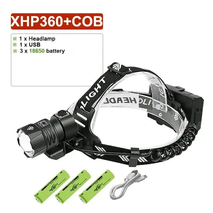 Linterna frontal de pesca de alta potencia XHP360 de 1000000 LM, recargable, para camping, senderismo, LED, con batería externa