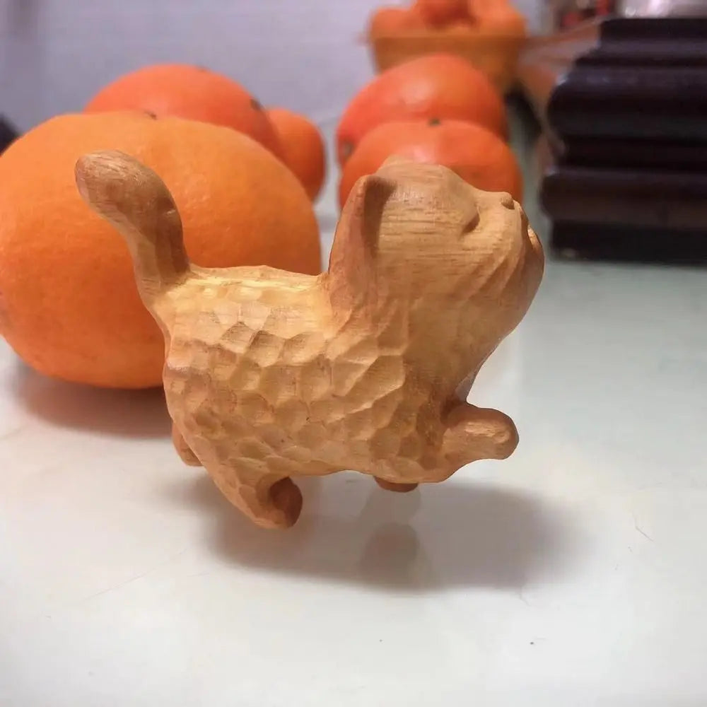 Cat Ornament Hand-carved Wooden Cat Statue Cute Tiny Cat Sculpture Cartoon Exquisite Animal Figurine Home