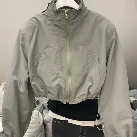 2024 Autumn Vintage Women's Windbreaker Cropped Jackets Harajuku Oversized Streetwear Long Sleeve Fashion Female Elegant Top - Lootquake