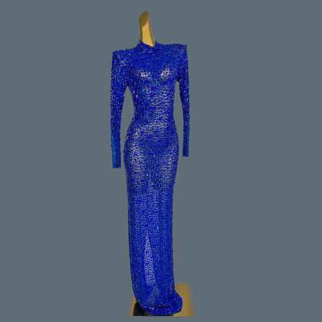 Stunning Evening Gown Long Dress Birthday Celebrate Luxurious Costume Sparkly Big Rhinestone Dancer Flashing Party Dress Gesebei - Lootquake