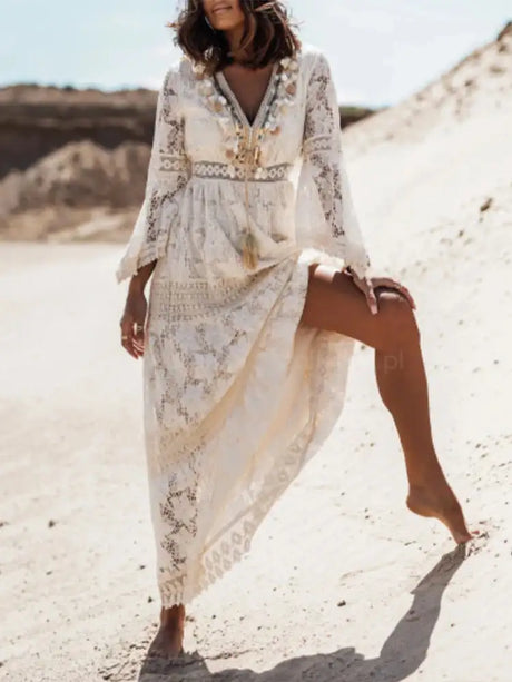 Boho Long Dress Women Summer Lace V Neck Flare Sleeve Sexy Maxi Dress Lady Holiday Party Beach Wedding Dresses Vestidos De Mujer - Lootquake