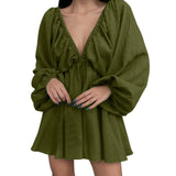 Deep V Neck Sexy Dress Temperament Retro Solid Color Pleated Dress Elegant Long Sleeve Large Size Casual Womens Dresses ropa
