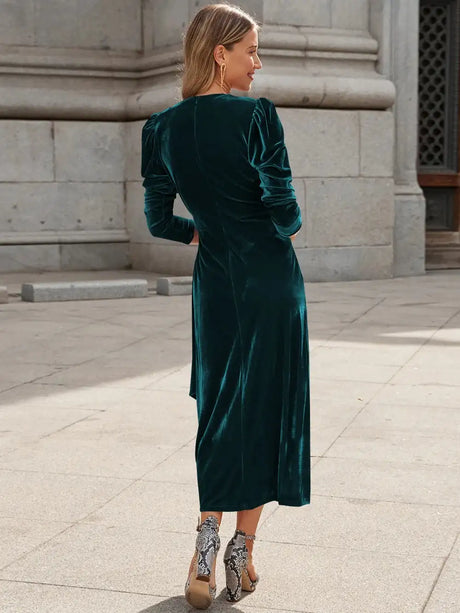 Elegant Solid Velvet Long Dress Women V-neck Wrap Long Sleeve High Waist Ruched Lace-up Birthday Dress Evening Sexy Party Vestid - Lootquake
