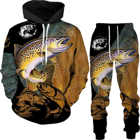 New 3D Fishing Art Print Casual Couple Hoodies Outfits Hip Hop Streetwear Hooded Sweatshirt+Sweat Pants Men's Tracksuit Set - Lootquake