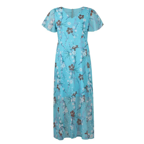 Vestidos Verano Moda 2024 Women's Swing Long Dress Chiffon Floral Short Sleeve Ruffle V Neck Fashion Waist Flowy Dress платье - Lootquake
