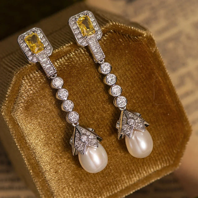 Karachis Vintage Elegant 925 Sterling Silver Natural Pearl High Carbon Diamond Citrine Gemstone Earrings for Women Jewelry - Lootquake