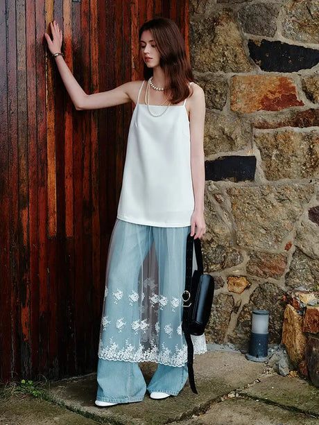 FSLE White Lace Splicing Suspender Summer Long Dress For Female 2024 New Unique Design Influencer Niche Women Top 24FS12296 - Lootquake