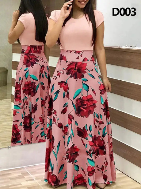 Women Floral Dot Print Patchwork Long Dress Summer Casual Short Sleeve O-Neck High Waist Robe Boho Beach Maxi Sundress Vintage - Lootquake