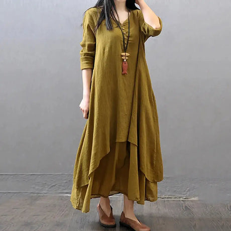 Women Elegant Linen White Dresses Bohemia Layering Vintage Robe Long Sleeve Loose Long Dress Female Autumn Vestidos - Lootquake