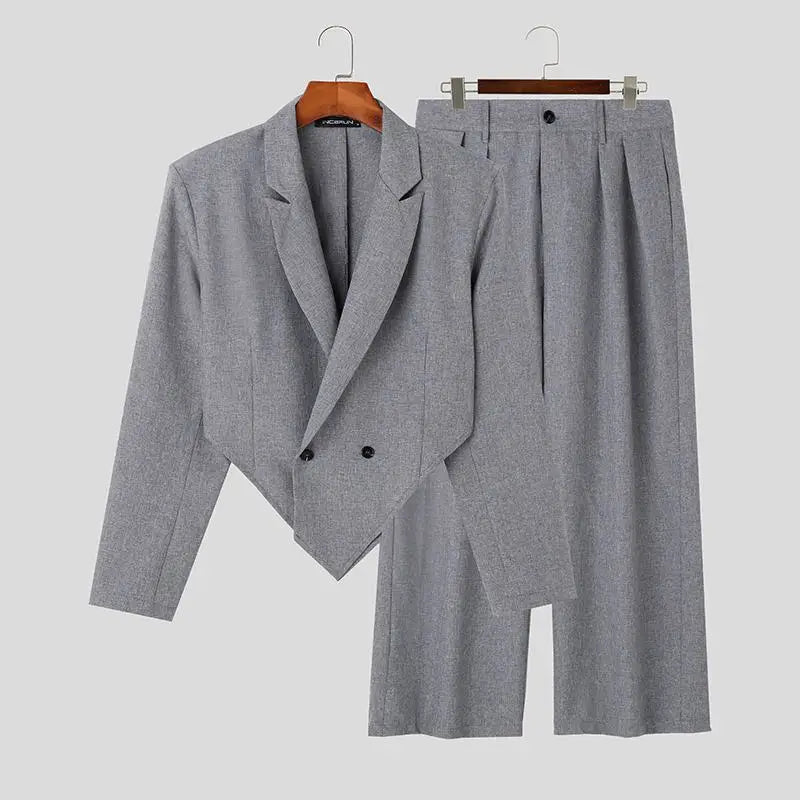 INCERUN 2023 Men Sets Solid Color Autumn Lapel Long Sleeve Irregular Blazer & Pants 2PCS Streetwear Fashion Men's Casual Suits - Lootquake