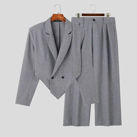INCERUN 2023 Men Sets Solid Color Autumn Lapel Long Sleeve Irregular Blazer & Pants 2PCS Streetwear Fashion Men's Casual Suits - Lootquake
