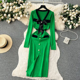 SINGREINY Office Lady Sweater Long Dress 2023 Bow Single Breasted Elastic Split Women Autumn Dress Fashion Senior Knitted Dress