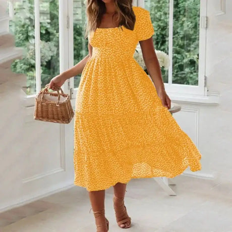 Summer Women Beach Sweet Dresses Vintage Vintage Print Puff Sleeve Casual Square Collar Floral Maxi Long Dress Festa Vestidos - Lootquake