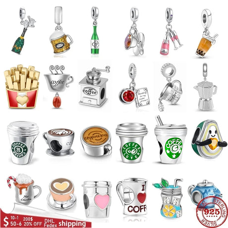 925 Sterling Silver Coffee Red Wine Coffee Glass Maker champagne Charm bead Fit Original Pendant Bracelet DIY Jewelry For Women - Lootquake