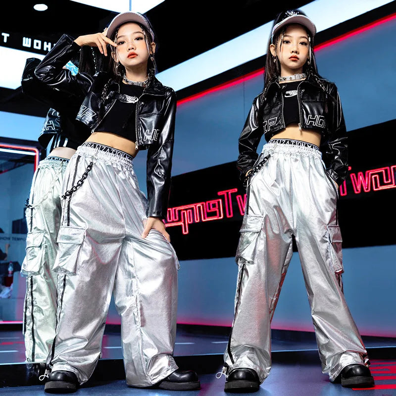 Girls Jazz Dance Hip Hop Outfit Child Model Catwalk Stage Dance Show Costume Black Navel Top White Trousers - Lootquake
