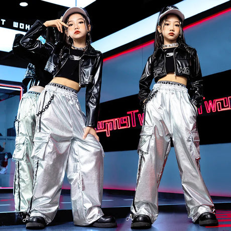 Girls Jazz Dance Hip Hop Outfit Child Model Catwalk Stage Dance Show Costume Black Navel Top White Trousers - Lootquake