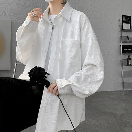 Solid Color Turn-Down Collar Long Sleeve Loose Fit Shirt with Pockets - Stylish & Functional Casual Top for Men & Women M-XXXXXL - Lootquake