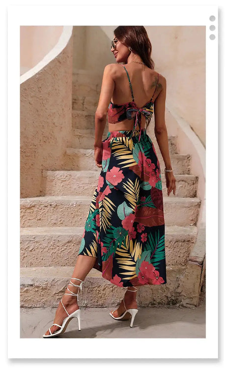Y2K Bikini Crop Tops Long Dress Sexy Set for Women Summer Fashion Two Pieces Skirt Beach Style Floral Print Midi Sexy Boho Sets - Lootquake