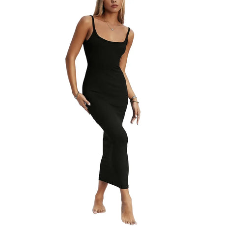 Women Summer Solid Color Long Dress Sleeveless U Neck Backless Slim Fit Bodycon Dress for Party Cocktail - Lootquake