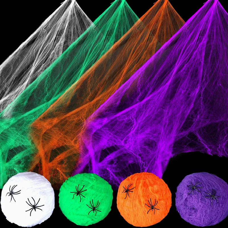 1set Halloween Decoration For Bar Haunted House Halloween Scary Party Scene Props White Stretchy Cobweb Spider Web Horror