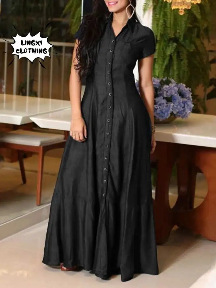 2023 Fashion New Long Dress Shirt Neck Pocket Large Swing Dress Casual Elegant Temperament Single Breasted Denim Dress - Lootquake
