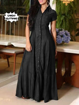 2023 Fashion New Long Dress Shirt Neck Pocket Large Swing Dress Casual Elegant Temperament Single Breasted Denim Dress - Lootquake