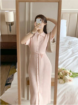 Elegant Summer Sweet Sle Turn-down Collar Single-button Thin Ice Silk Short-sleeve Knitted Long Dress Women's Fashion - Lootquake