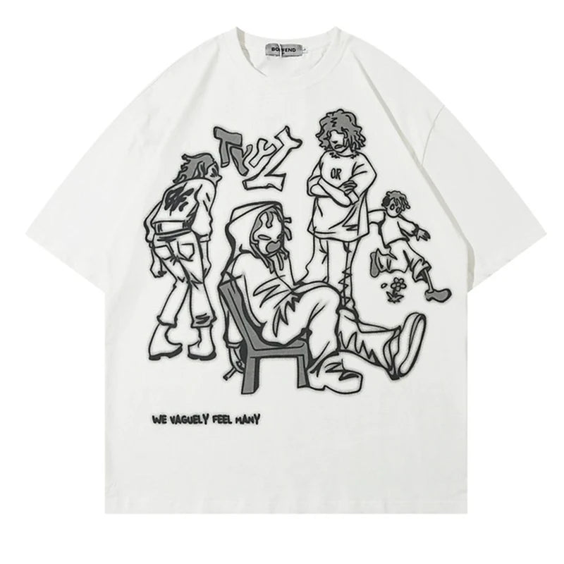 2024 Harajuku Cartoon Girl Cat Japanese Kanji Graphic T Shirt Streetwear Oversized Men T-Shirt Hip Hop Women Short Sleeve Tops - Lootquake