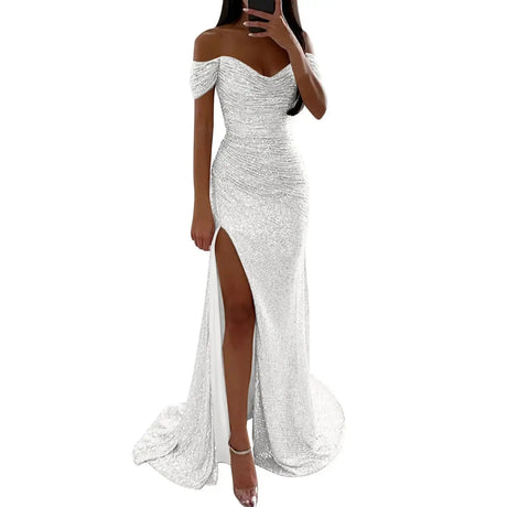 Sexy Sequin Evening Party Prom Long Dress Women Elegant V-Neck Gown Dress Off Shoulder Slim High Split Gown Female Vestidos - Lootquake