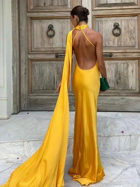 Elegant Satin Halter Slim Long Dress With Scarf Women New Sexy Backless Sleeveless Maxi Dresses Summer Lady Party Chic Vestidos - Lootquake