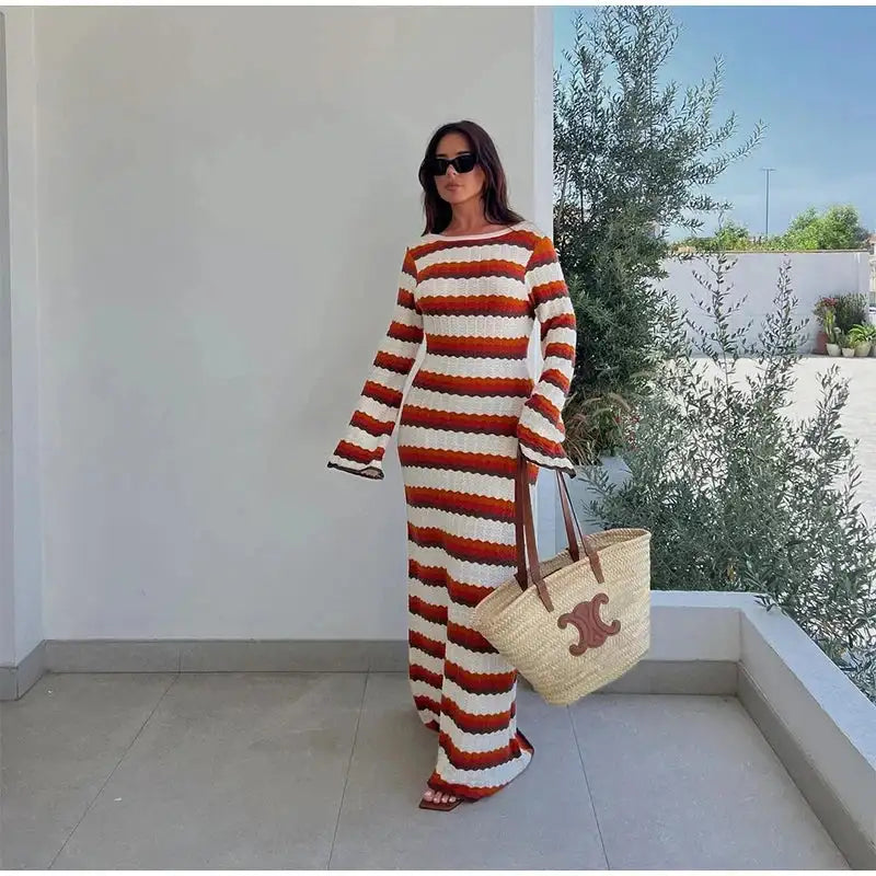 Striped Knitted Long Dress Women O-neck Backless Hollowed Out Long Sleeves Lady Bodycon Dress 2024 Spring Summer Vacation Robe