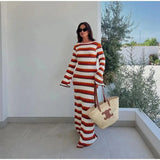 Striped Knitted Long Dress Women O-neck Backless Hollowed Out Long Sleeves Lady Bodycon Dress 2024 Spring Summer Vacation Robe