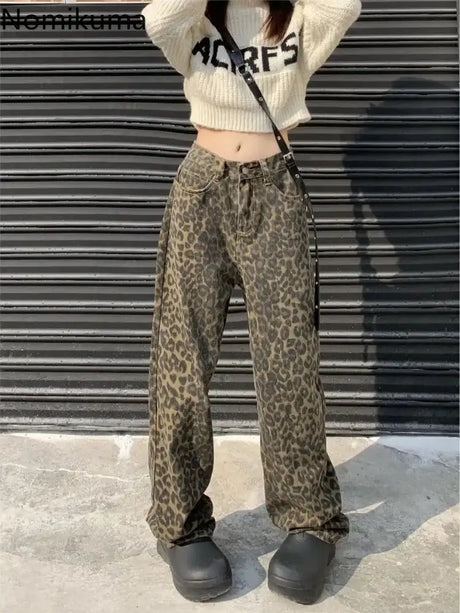 Vintage Leopard Print Pantalon Femme Wide Leg Pants Women High Waist Straight Y2k Jeans Casual Fashion Korean  Jean Trousers - Lootquake